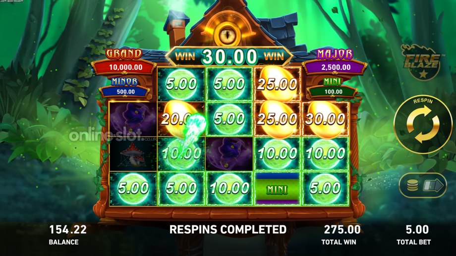 green wizard slot fire blaze hold and respin feature