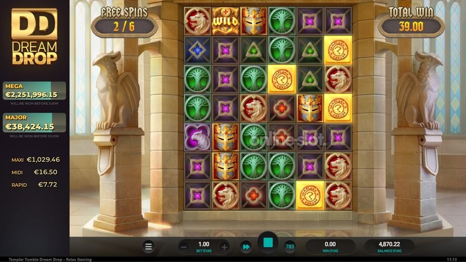 templar tumble dream drop slot free spins feature